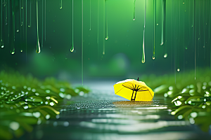 绿色背景中的雨滴与黄色雨伞