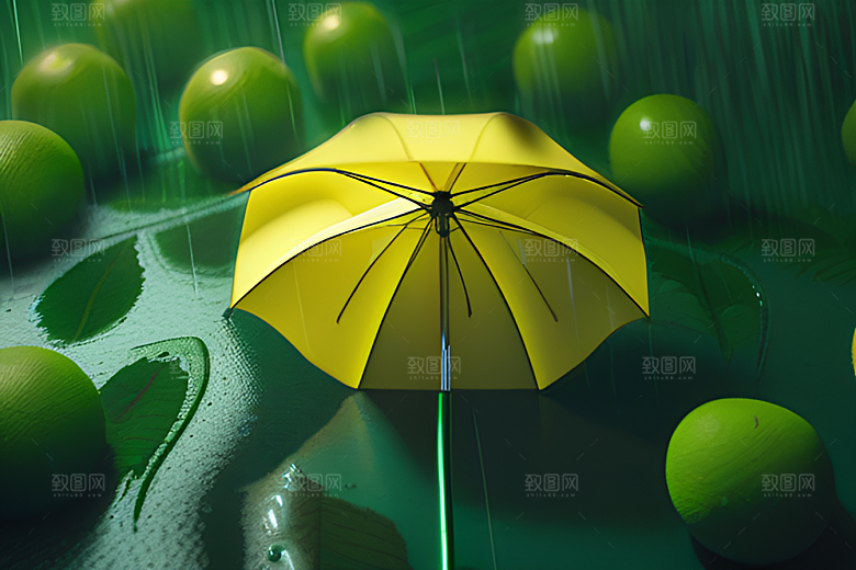 绿色背景中的雨滴与黄色雨伞