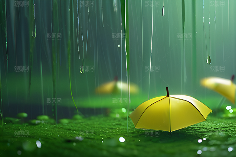 绿色背景中的雨滴与黄色雨伞