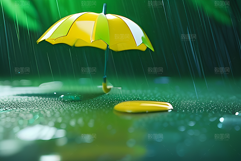 绿色背景中的雨滴与黄色雨伞