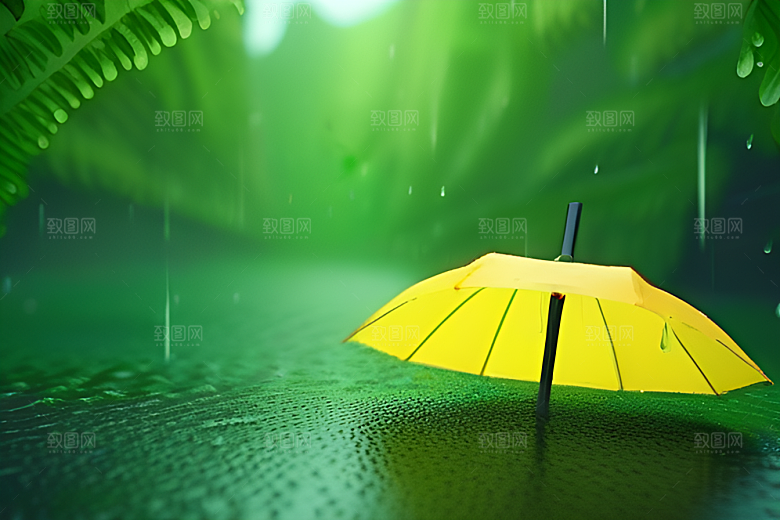 绿色背景中的雨滴与黄色雨伞