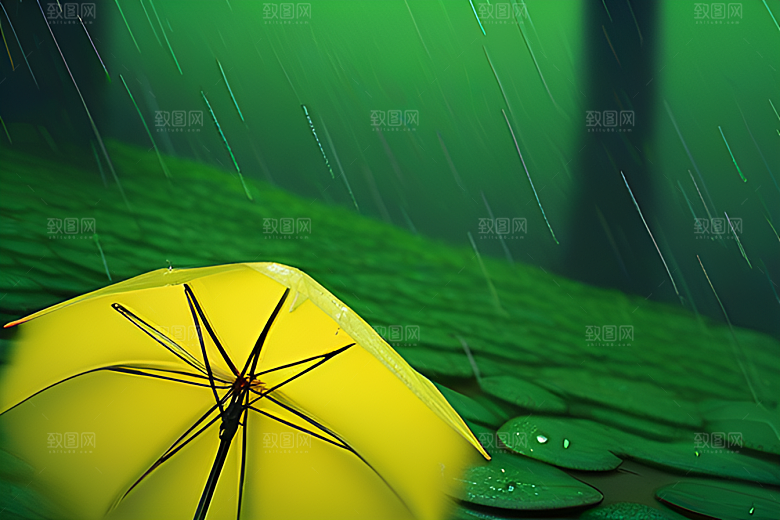 绿色背景中的雨滴与黄色雨伞