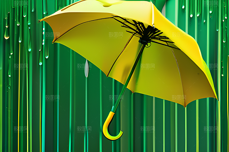 绿色背景中的雨滴与黄色雨伞