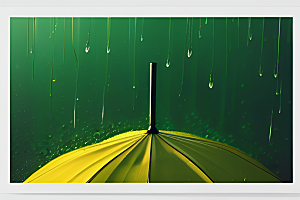 绿色背景中的雨滴与黄色雨伞