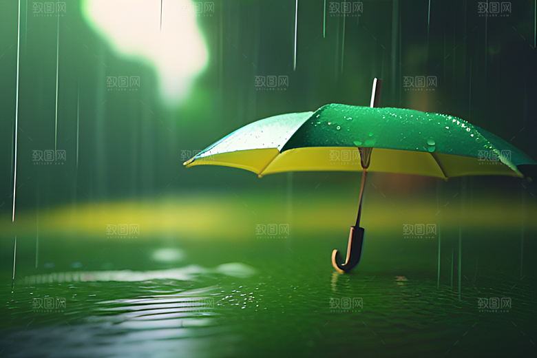 绿色背景中的雨滴与黄色雨伞