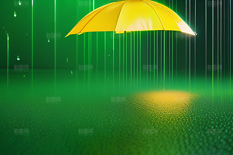 绿色背景中的雨滴与黄色雨伞