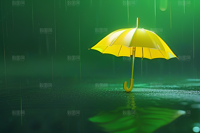 绿色背景中的雨滴与黄色雨伞