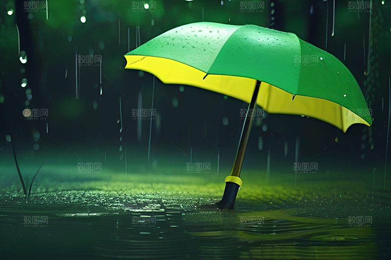 绿色背景中的雨滴与黄色雨伞