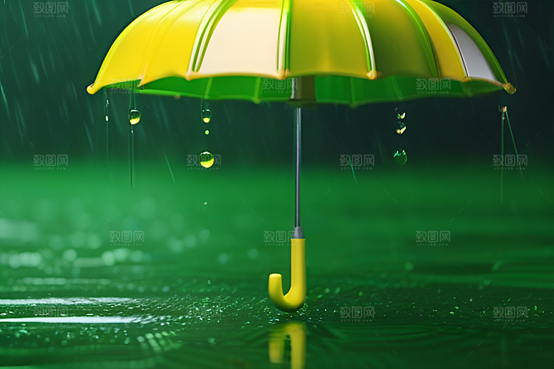 绿色背景中的雨滴与黄色雨伞