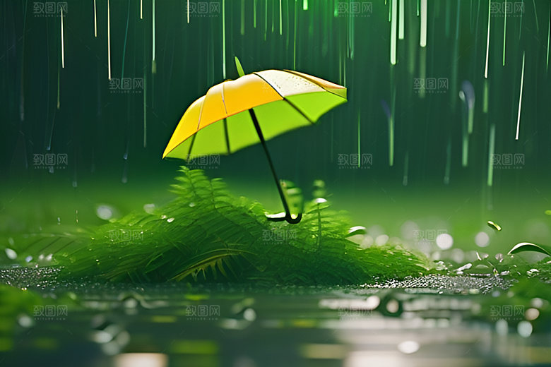 绿色背景中的雨滴与黄色雨伞
