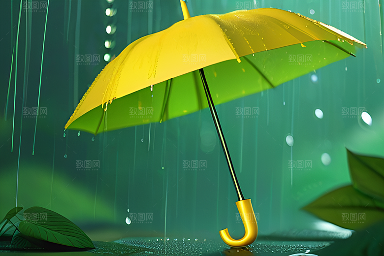 绿色背景中的雨滴与黄色雨伞