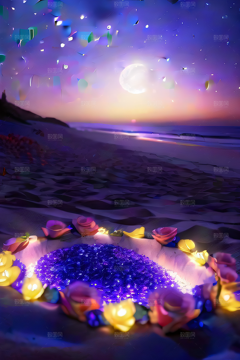 幻幽夜景星光洒满的浪漫沙滩