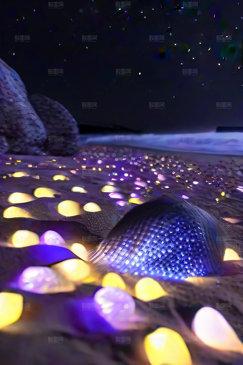 幻幽夜景星光洒满的浪漫沙滩