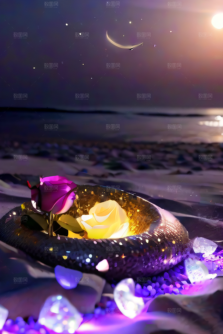 幻幽夜景星光洒满的浪漫沙滩