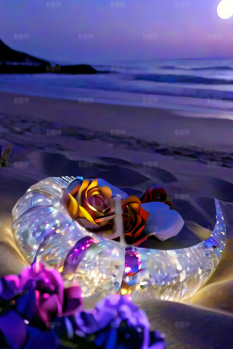 幻幽夜景星光洒满的浪漫沙滩