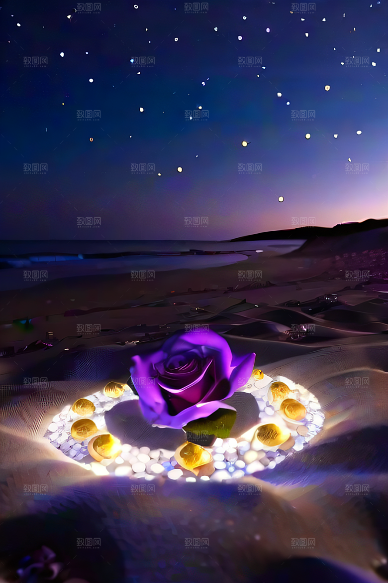 幻幽夜景星光洒满的浪漫沙滩