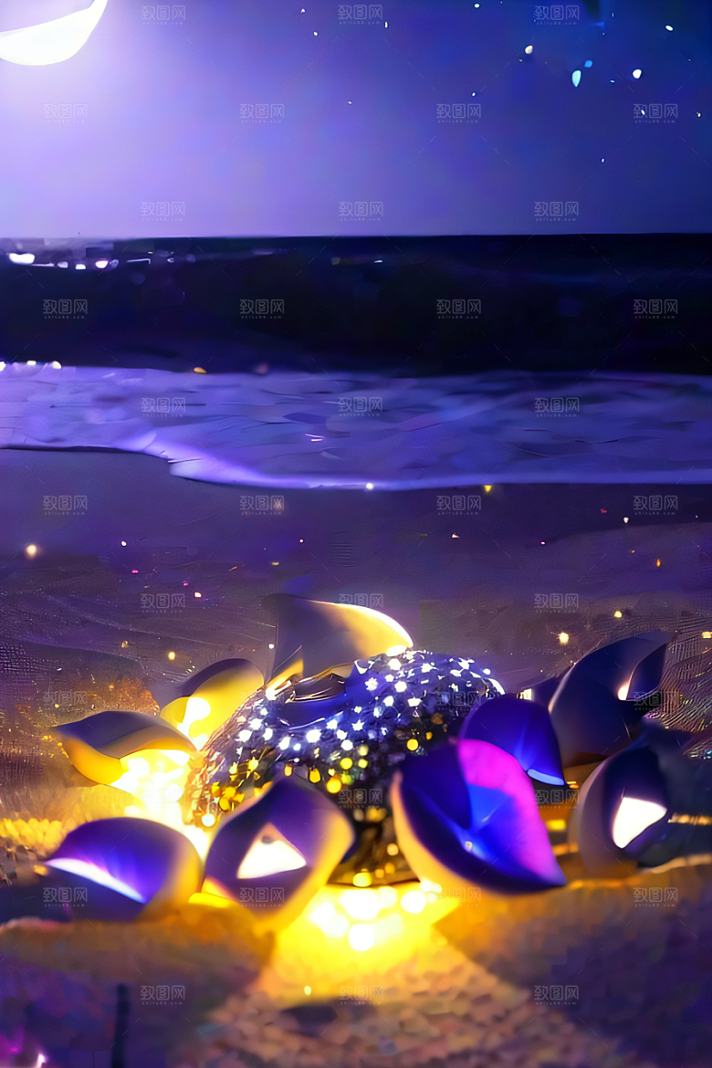 幻幽夜景星光洒满的浪漫沙滩