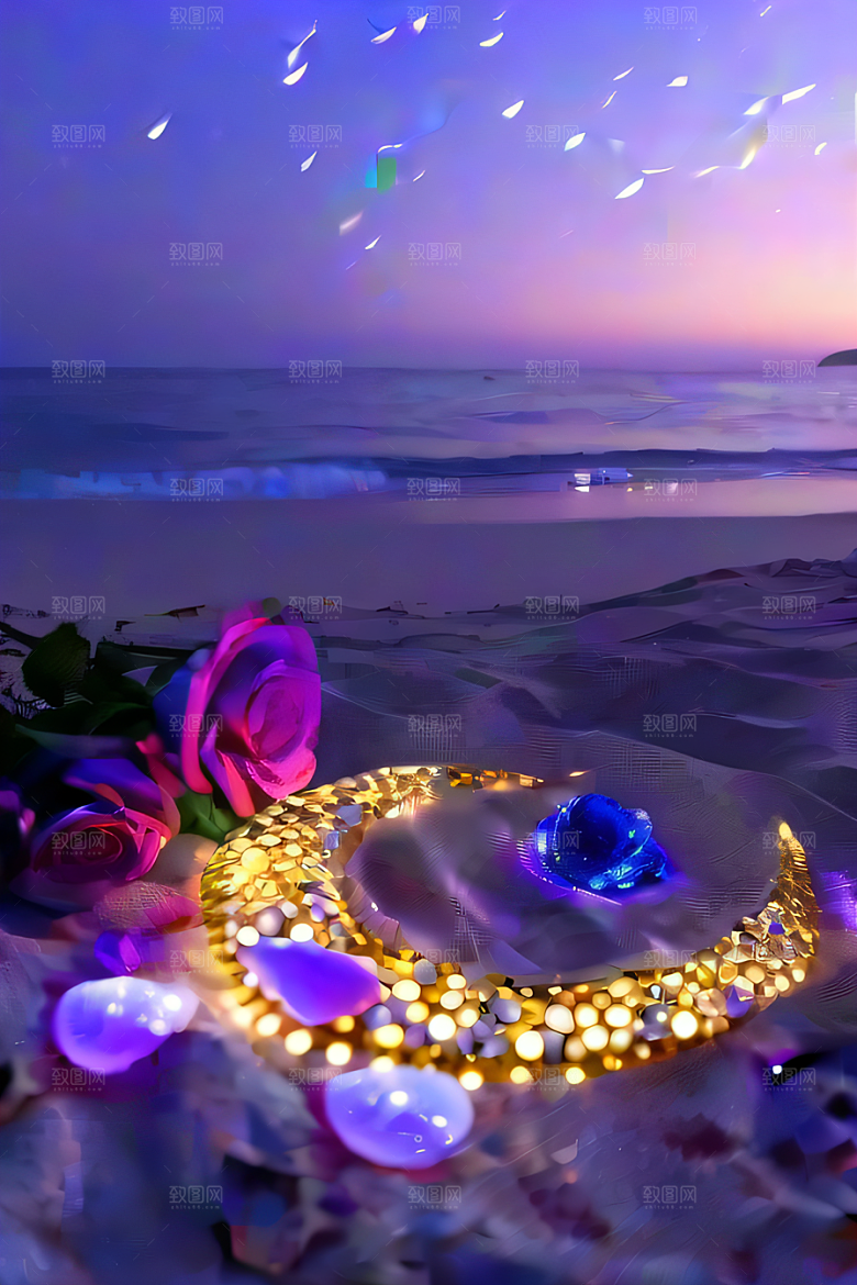 幻幽夜景星光洒满的浪漫沙滩