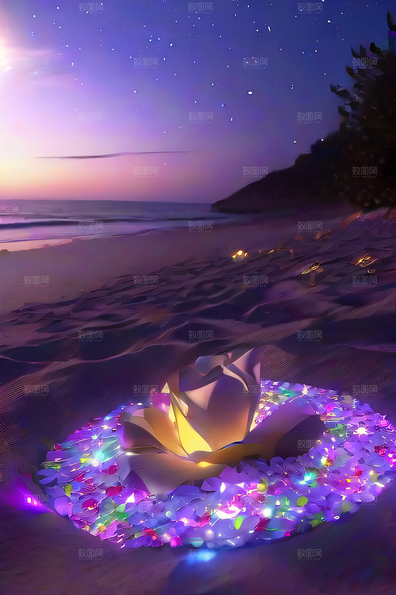 幻幽夜景星光洒满的浪漫沙滩