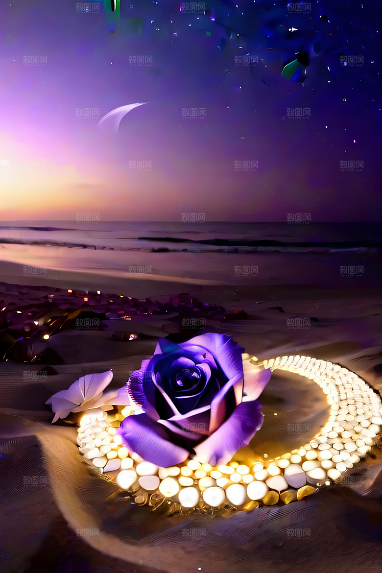 幻幽夜景星光洒满的浪漫沙滩