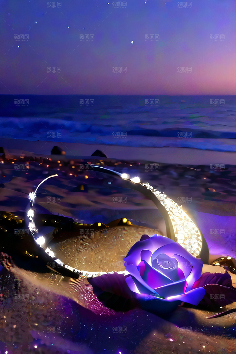幻幽夜景星光洒满的浪漫沙滩