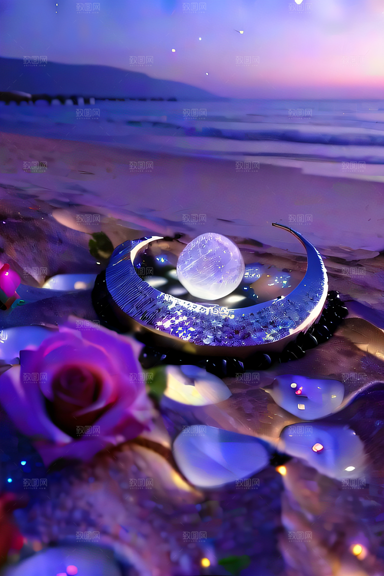 幻幽夜景星光洒满的浪漫沙滩