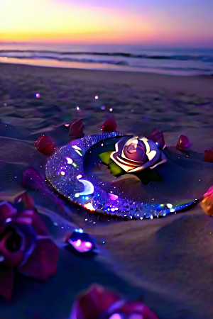 梦幻仙境荧光水晶玫瑰在沙滩上绽放
