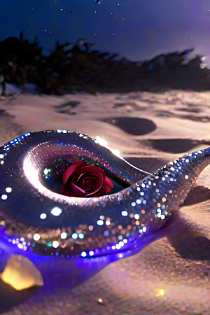 梦幻仙境荧光水晶玫瑰在沙滩上绽放