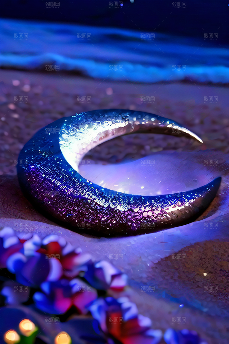 梦幻仙境荧光水晶玫瑰在沙滩上绽放