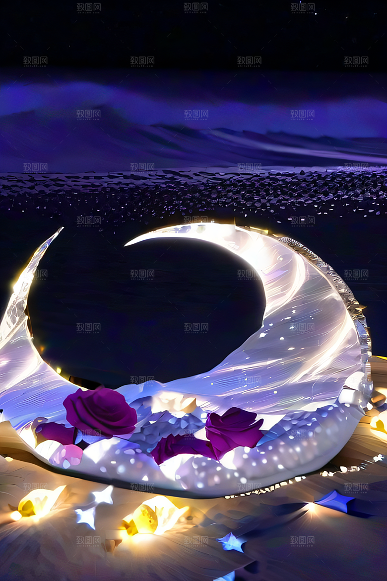 浪漫沙滩星光点缀的沙滩与荧光玫瑰