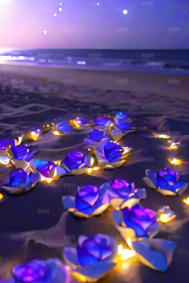 浪漫沙滩星光点缀的沙滩与荧光玫瑰