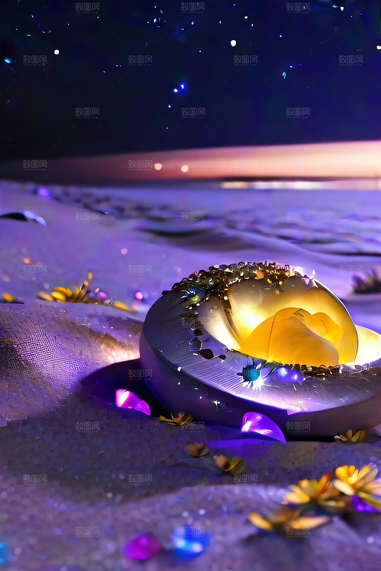 浪漫沙滩星光点缀的沙滩与荧光玫瑰