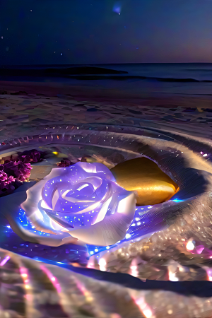浪漫沙滩星光点缀的沙滩与荧光玫瑰