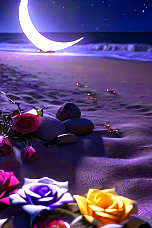 浪漫沙滩星光点缀的沙滩与荧光玫瑰
