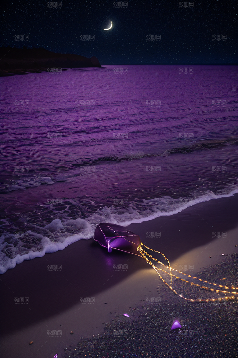 幻幽夜景星光洒满的浪漫沙滩