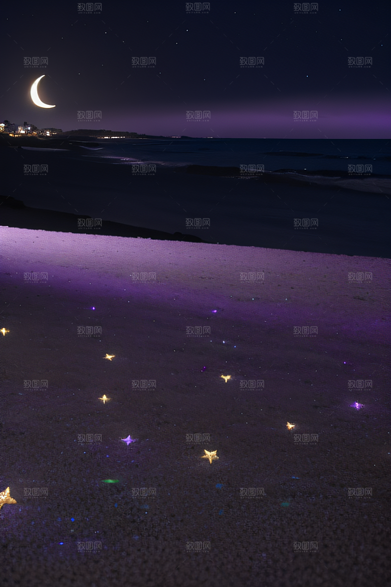 幻幽夜景星光洒满的浪漫沙滩