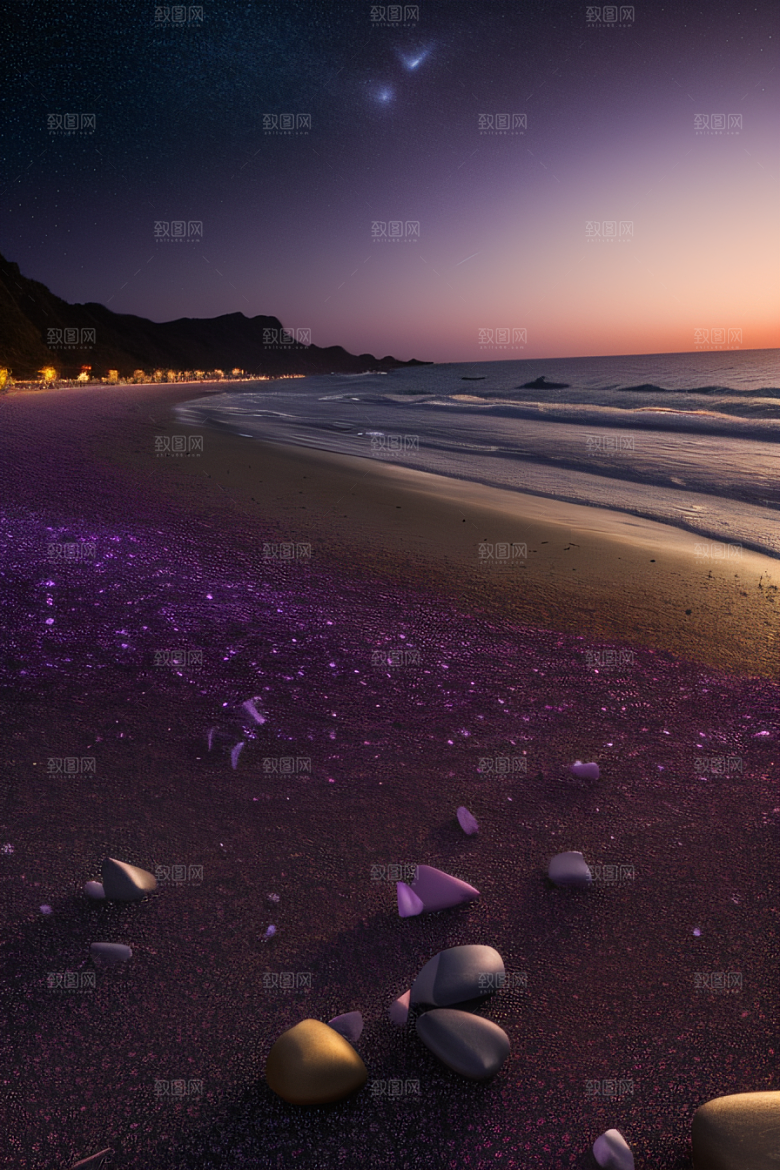 幻幽夜景星光洒满的浪漫沙滩