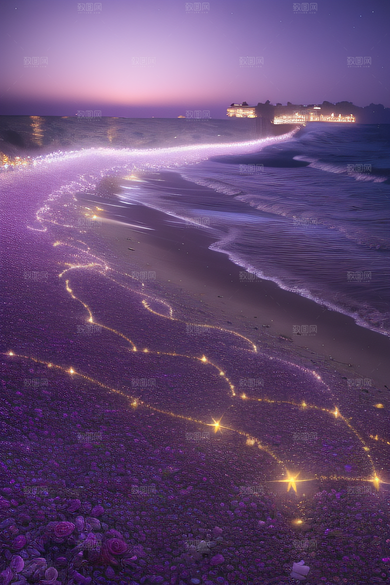 幻幽夜景星光洒满的浪漫沙滩