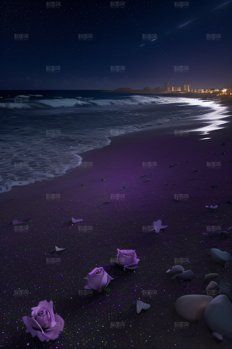 幻幽夜景星光洒满的浪漫沙滩