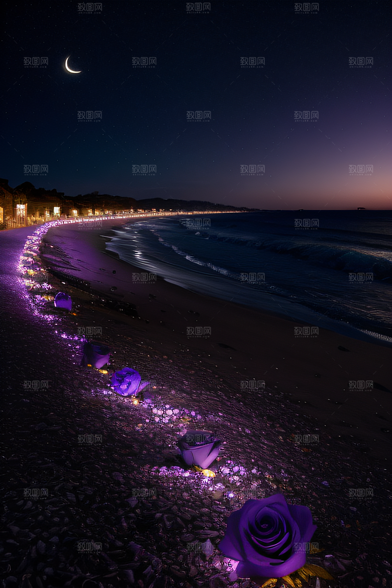 幻幽夜景星光洒满的浪漫沙滩