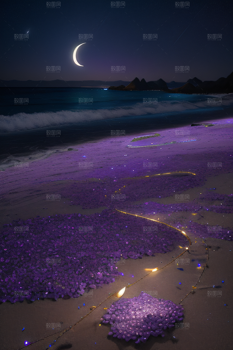 梦幻仙境荧光水晶玫瑰在沙滩上绽放