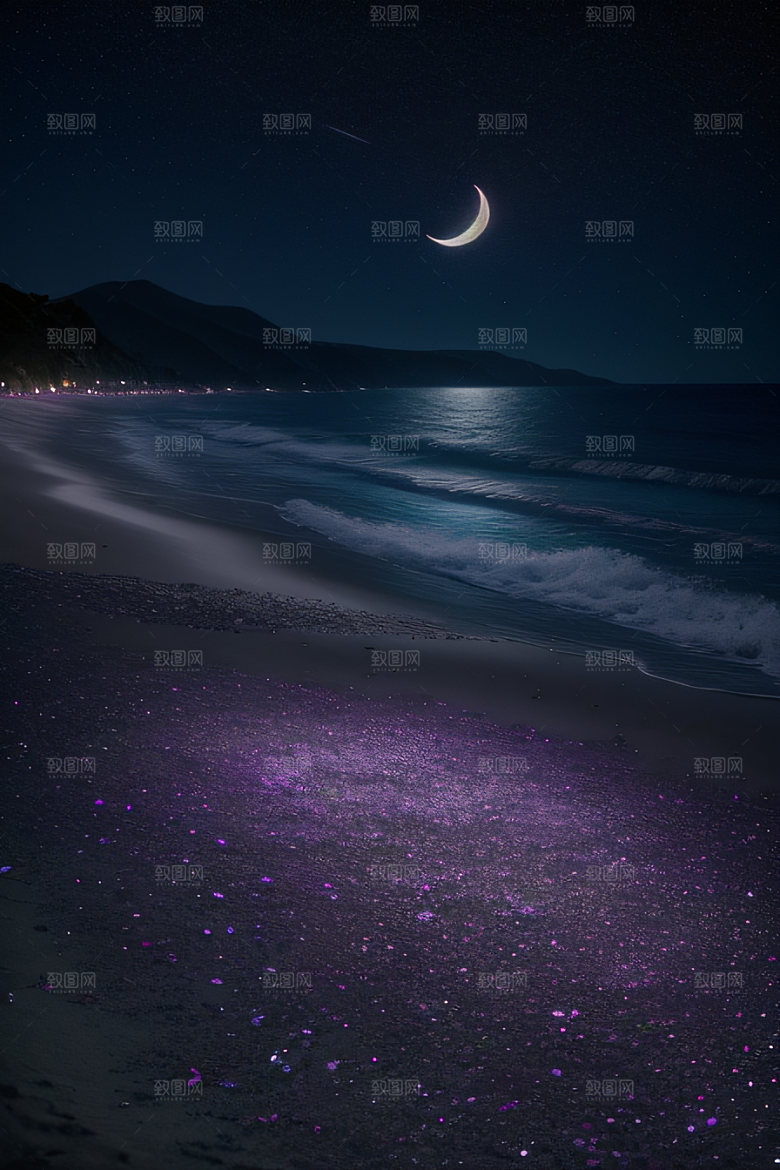 浪漫沙滩星光点缀的沙滩与荧光玫瑰