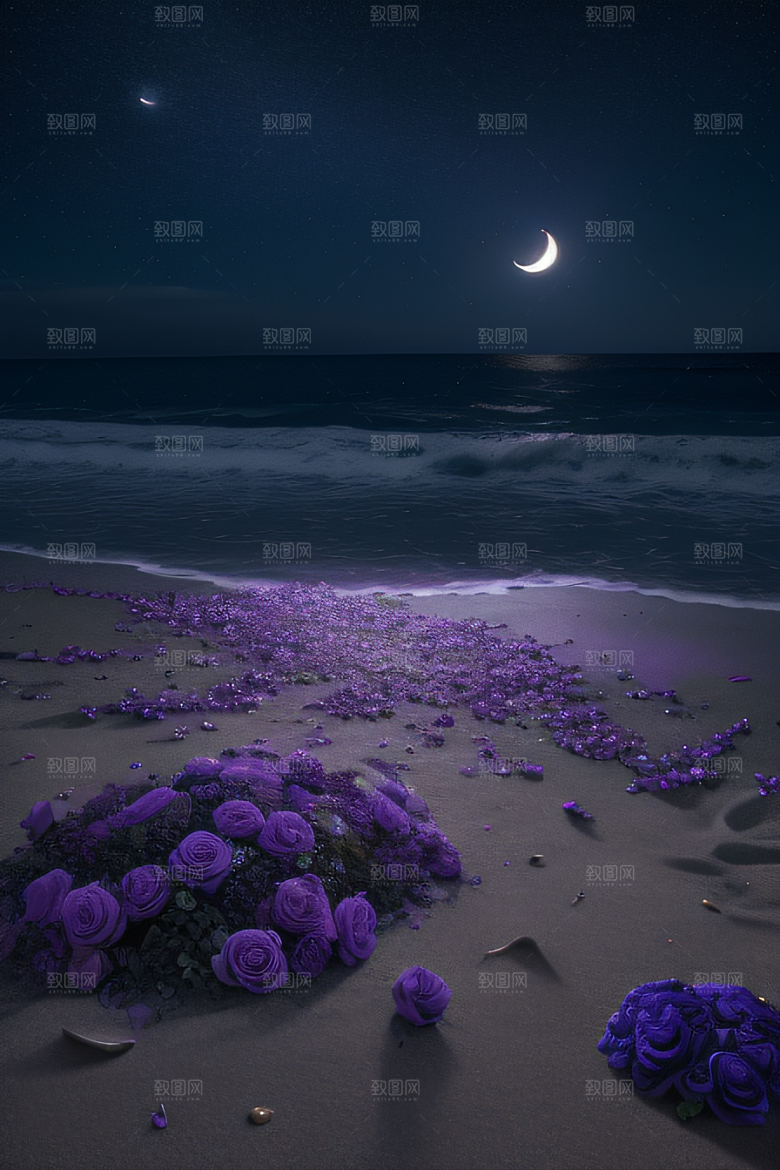 浪漫沙滩星光点缀的沙滩与荧光玫瑰