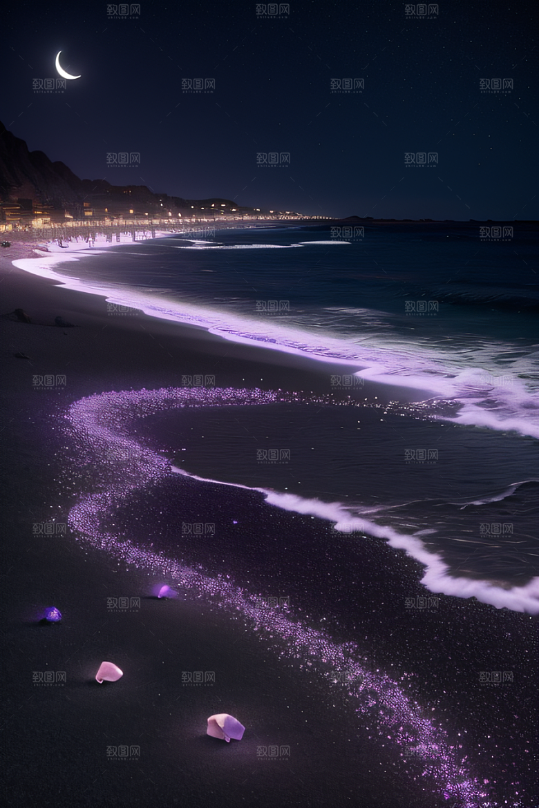 浪漫沙滩星光点缀的沙滩与荧光玫瑰