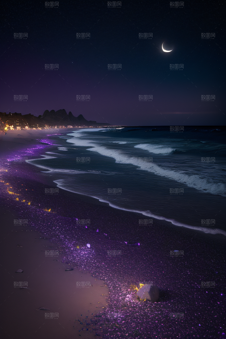 浪漫沙滩星光点缀的沙滩与荧光玫瑰