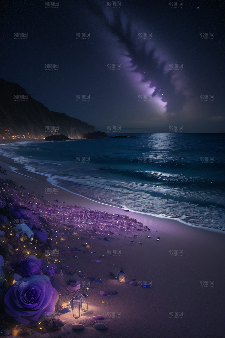 浪漫沙滩星光点缀的沙滩与荧光玫瑰