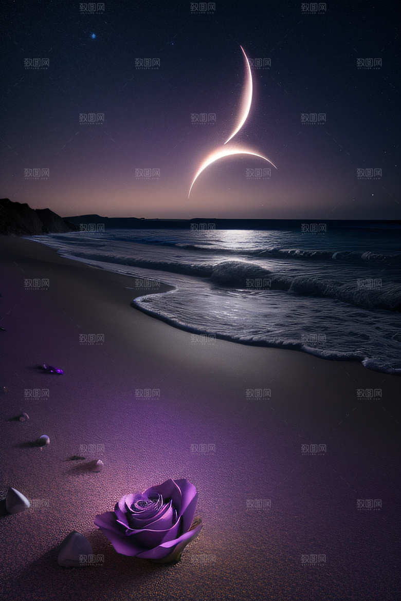 浪漫沙滩星光点缀的沙滩与荧光玫瑰