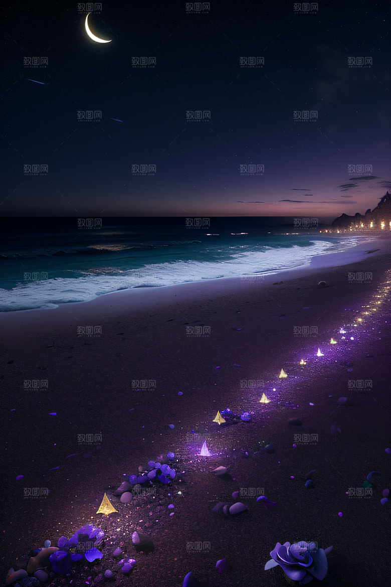 浪漫沙滩星光点缀的沙滩与荧光玫瑰