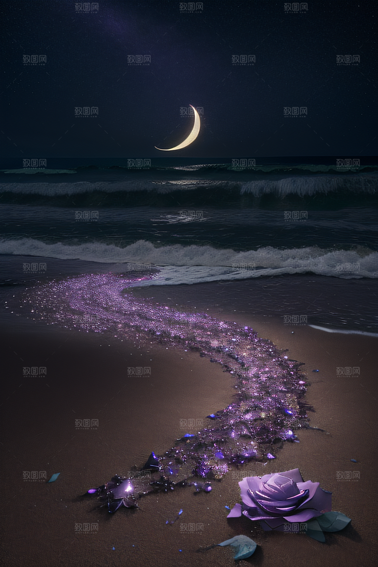 夜空璀璨星光洒满的银色新月