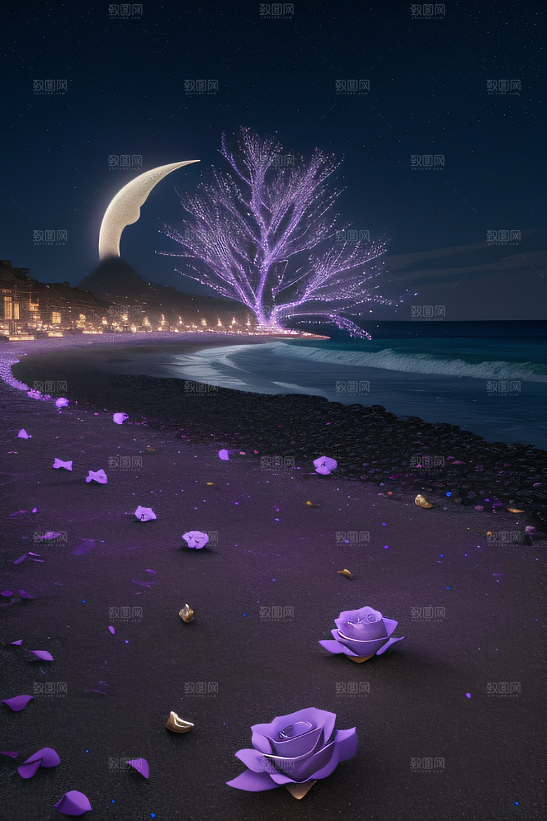 夜空璀璨星光洒满的银色新月